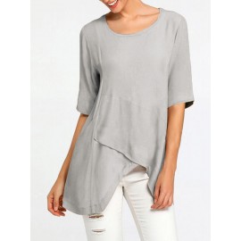 Women Solid Half Sleeve Cotton Irregular Hem Blouse