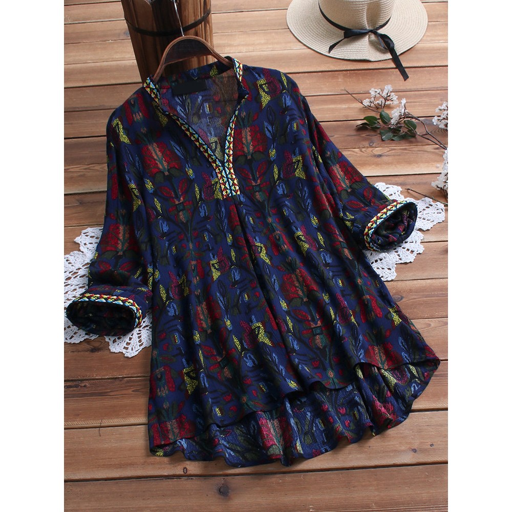 Women Print Folk Style High Low Hem Long Sleeve Blouse