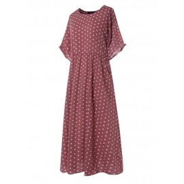 Women Polka Dot Print Short Sleeve O-neck Maxi Dress