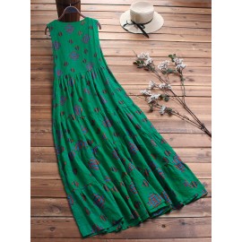 Women Print Folk Style V-Neck Sleeveless Dress