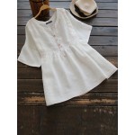 Women Loose Pure Color Button Down O-Neck Short Sleeve T-Shirts