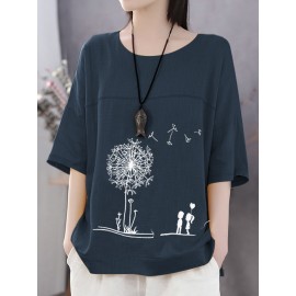 Casual Print Flower Short Sleeve Cotton T-Shirts