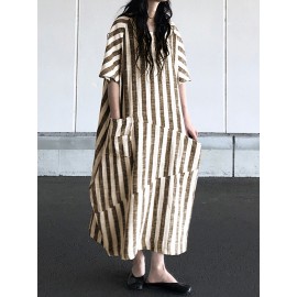 Women Loose Striped Round Neck Short Sleeve Dress with Pockets