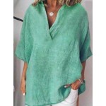 Women Cotton V-neck Half Sleeve Casual Shirt Blouse