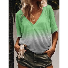 Women Casual Half Sleeve V Neck Gradient Shirts Tops