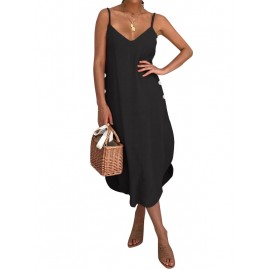 Women Sleeveless Strap V-neck Button Solid Maxi Dress