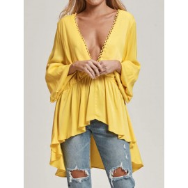 Women Long Sleeve V Neck Loose Casual Blouse Flared Tops