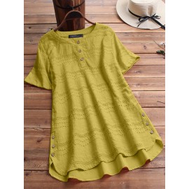 Women Pure Color HighLow Hem Button Down Blouse