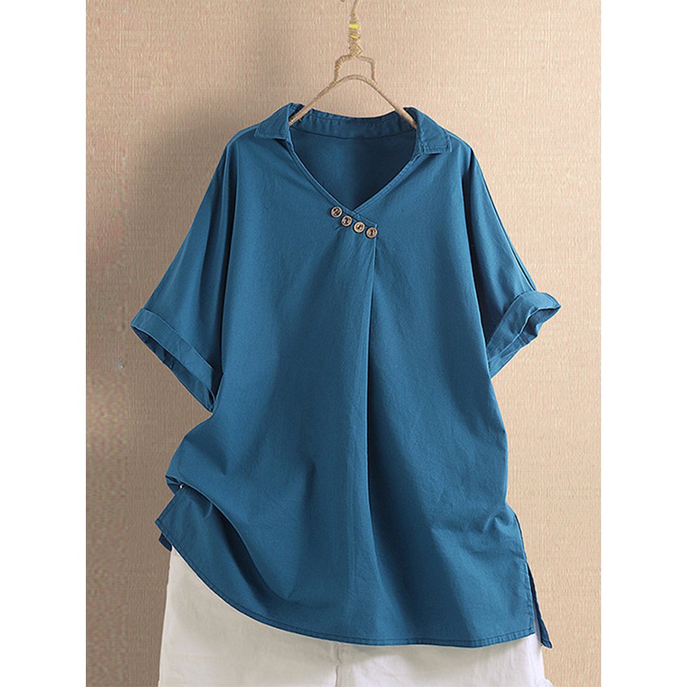 Solid Color V-Neck Turn-down Collar Button Wowen Blouse