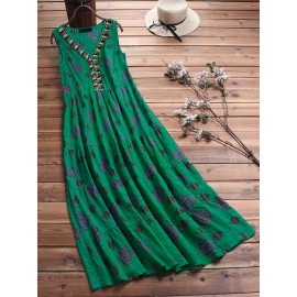 Women Print Folk Style V-Neck Sleeveless Dress