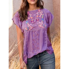 Women Casual Embroidered Short Sleeve Blouse