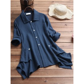 Women Cotton Pure Color Button Down Irregular Hem Blouse