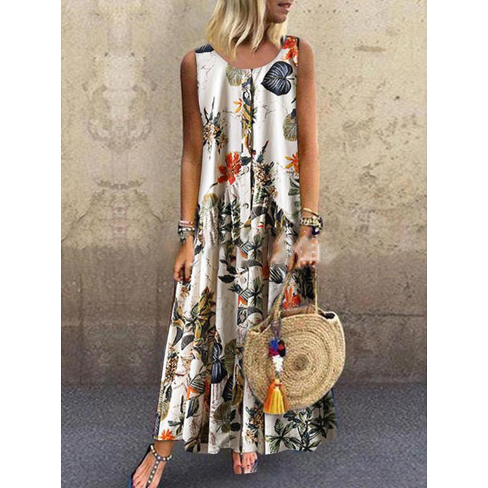 Vintage Sleeveless Floral Print Button O-neck Maxi Dress