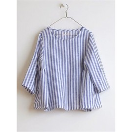 Women Crew Neck 3/4 Sleeve Casual Cotton Striped Blouse