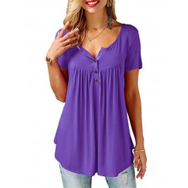 Women Round Neck Short Sleeve Button Up Casual Loose Tops