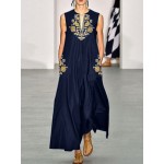 Bohemian Women Sleeveless O-neck Side Pocket Floral Print Maxi Dress