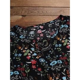 Plus Size M-5XL Women Casual Floral Print Crew Neck Blouse