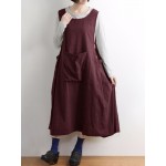 Vintage Women Cotton Sleeveless Casual Solid Pocket Dress